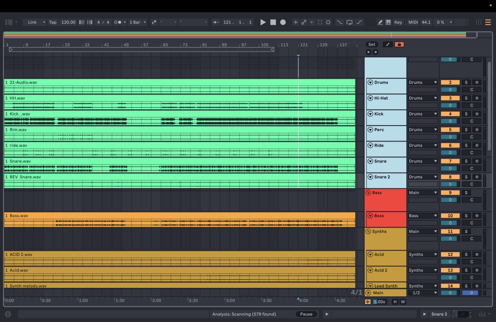 The exported session open in Ableton Live, every stem already on a correctly named, color-coded track by category.