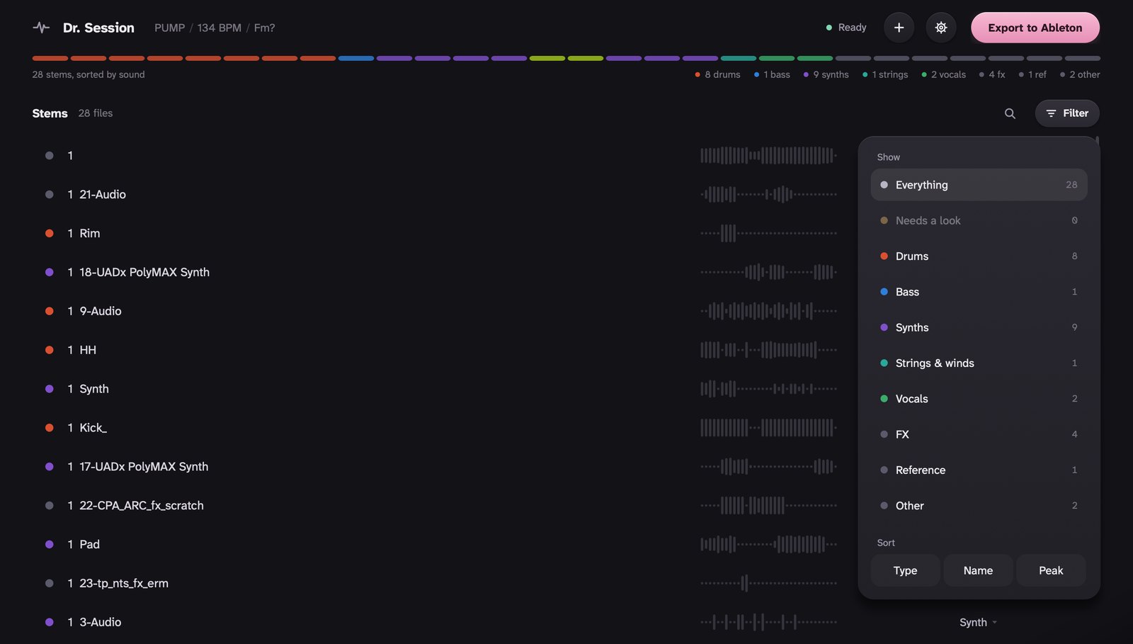 The filter panel open over the stem list: show Everything, Needs a look, Drums, Bass, Synths, Strings and winds, Vocals, FX, Reference or Other, each with a count, and sort by Type, Name or Peak.