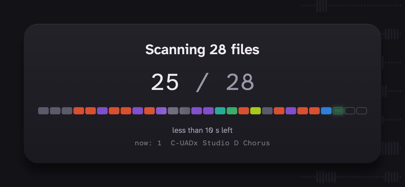 The scanning card: 'Scanning 28 files', 25 of 28 done, a row of slots filling in with each file's group color as it is classified, less than 10 seconds left, and the file it is listening to now.